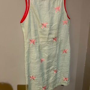 CJ Laing linen dress. Lined. Embroidered pink starfish. Size 10.